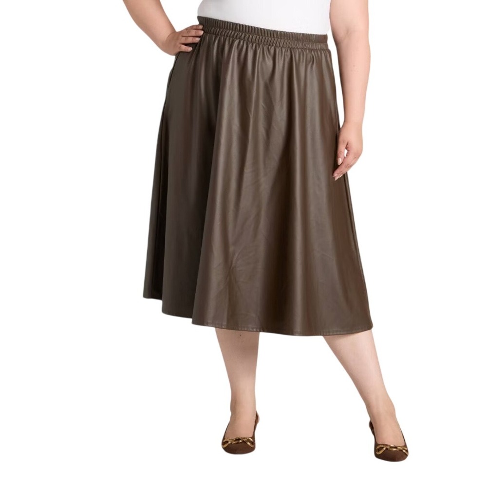 A New Day Women's Brown Faux Leather Elastic Waist Midi Skirt Size XXL